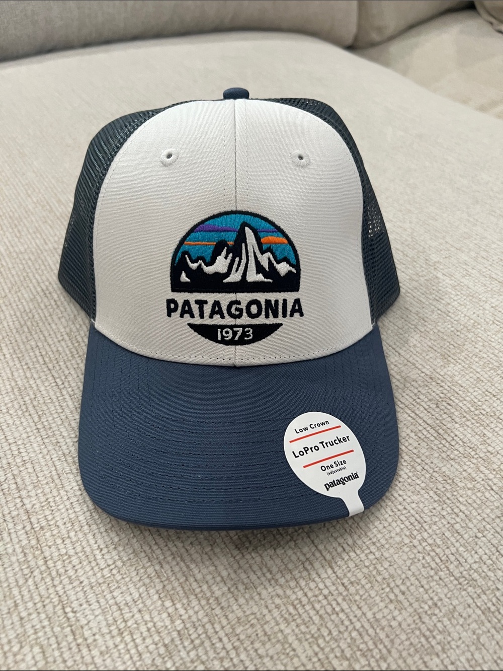 Patagonia Two-Tone Trucker Hat with Mountain Patch - White & Navy NWT
